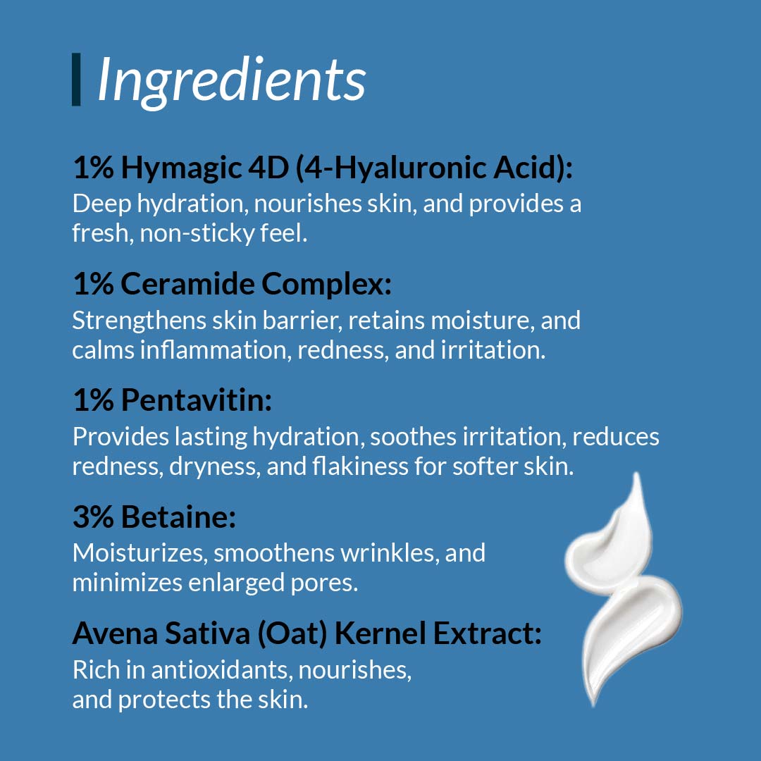 Duramoist hydro Key ingredients: 1% Hymagic 4D for hydration, 1% Ceramide Complex for skin barrier, 1% Pentavitin for soothing, 3% Betaine for moisturization, and Avena Sativa (Oat) Kernel Extract for nourishment and protection.