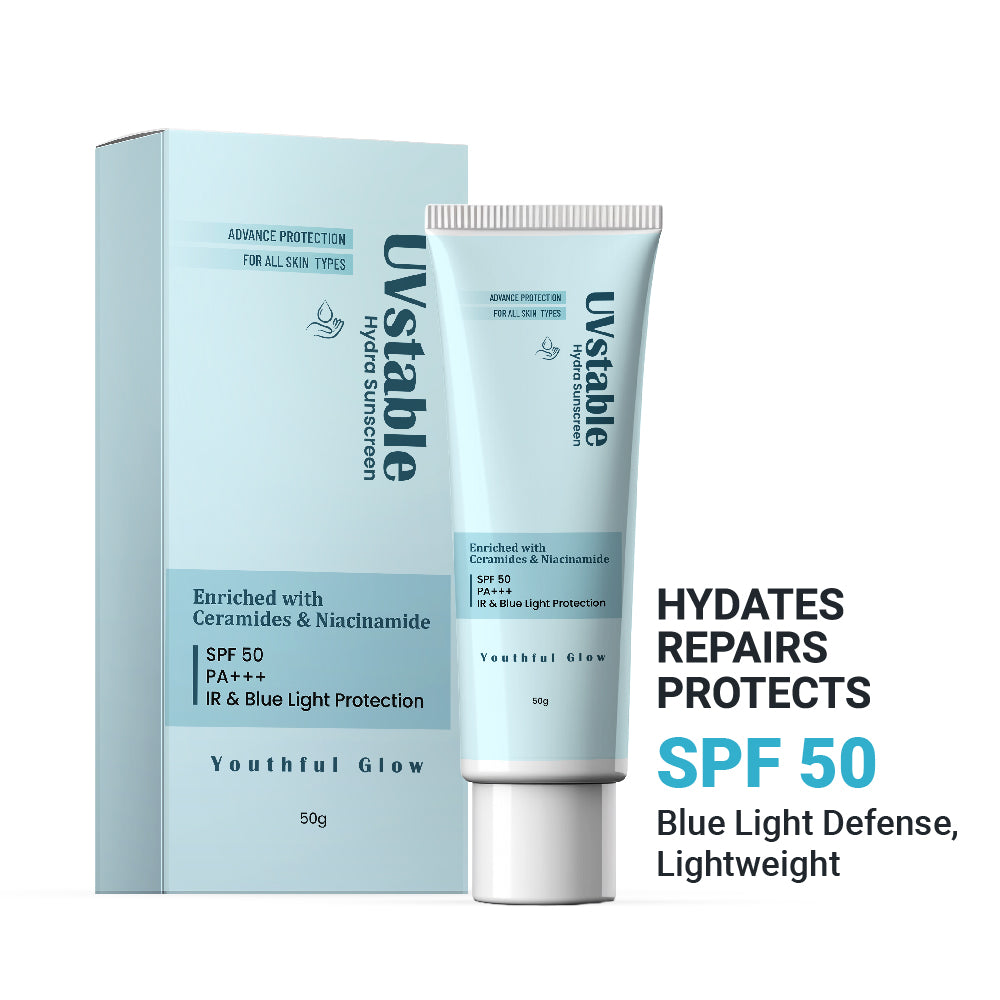 UVstable Hydra Sunscreen | Enriched with Ceramides & Niacinamide | SPF 50, PA+++, IR & Blue Light Protection | 50g