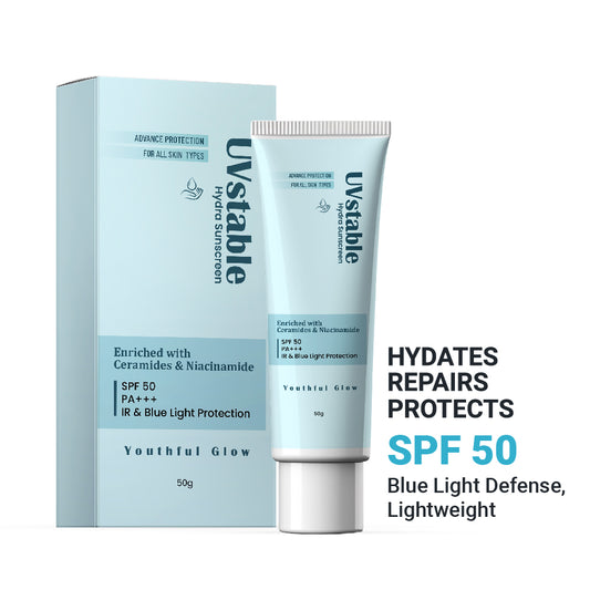 UVstable Hydra Sunscreen | Enriched with Ceramides & Niacinamide | SPF 50, PA+++, IR & Blue Light Protection | 50g