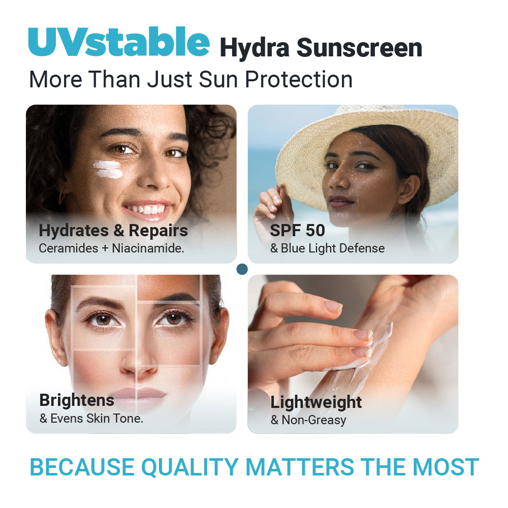 UVstable Hydra Sunscreen | Enriched with Ceramides & Niacinamide | SPF 50, PA+++, IR & Blue Light Protection | 50g